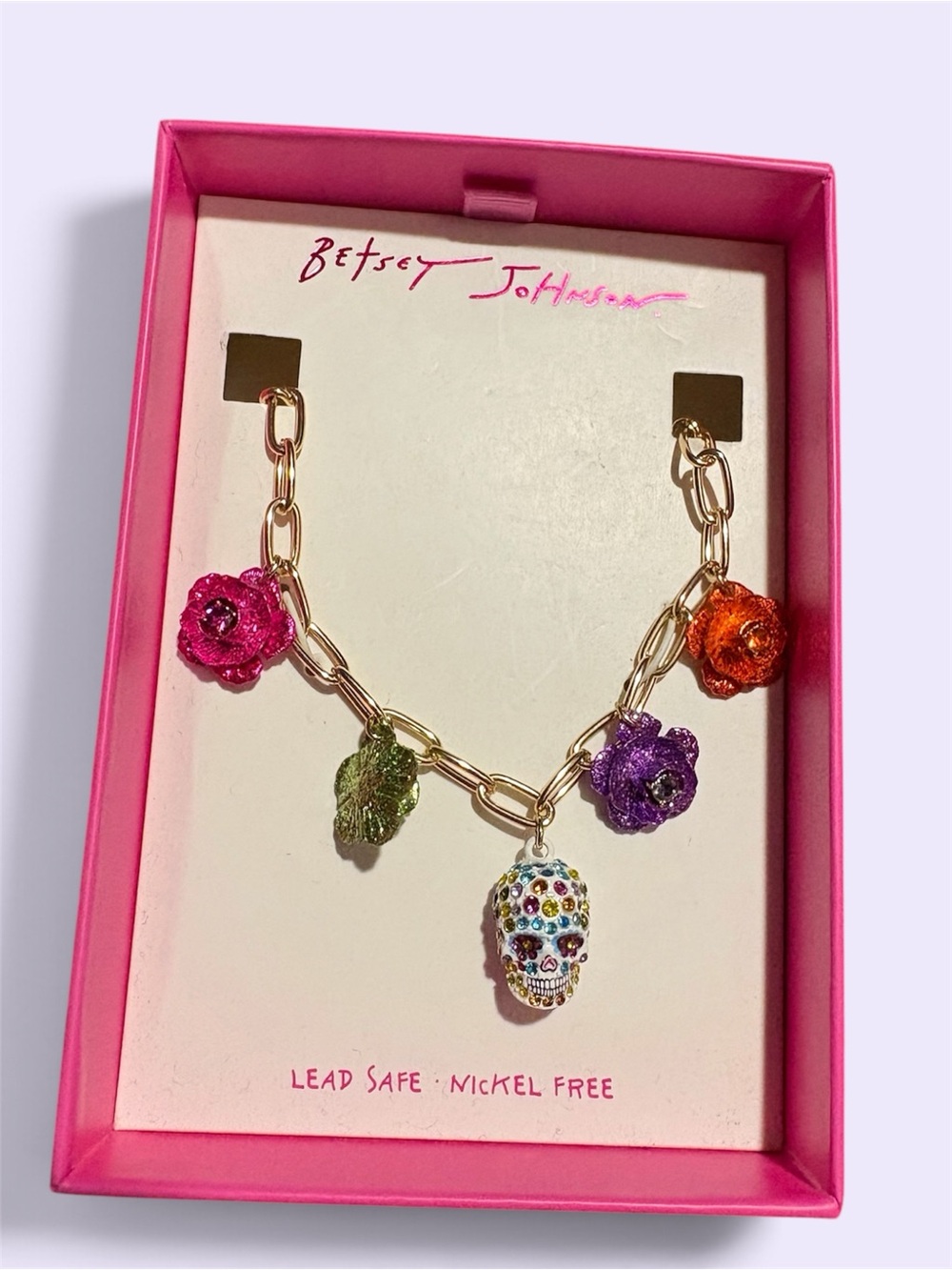 Betsey Johnson Multicolor Floral & Skull Charm Necklace - Gold Chain